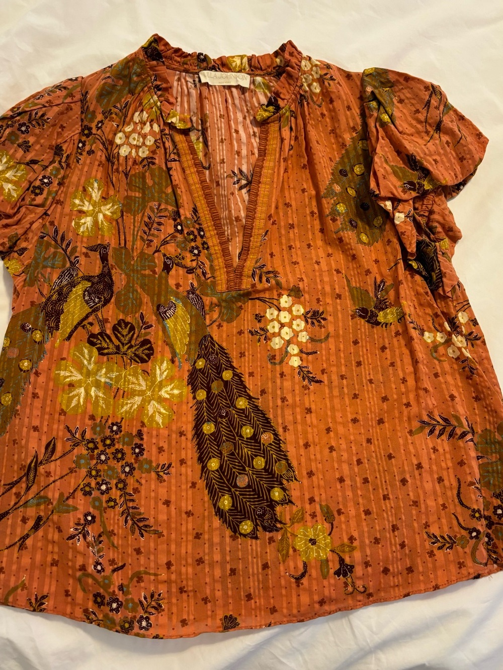 Ulla Johnson Rust Floral Peacock Print Peasant Blouse